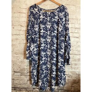 Mossimo Dress Womens XXL Slate Blue Floral Ruched Bell Sleeves Flowy Plus